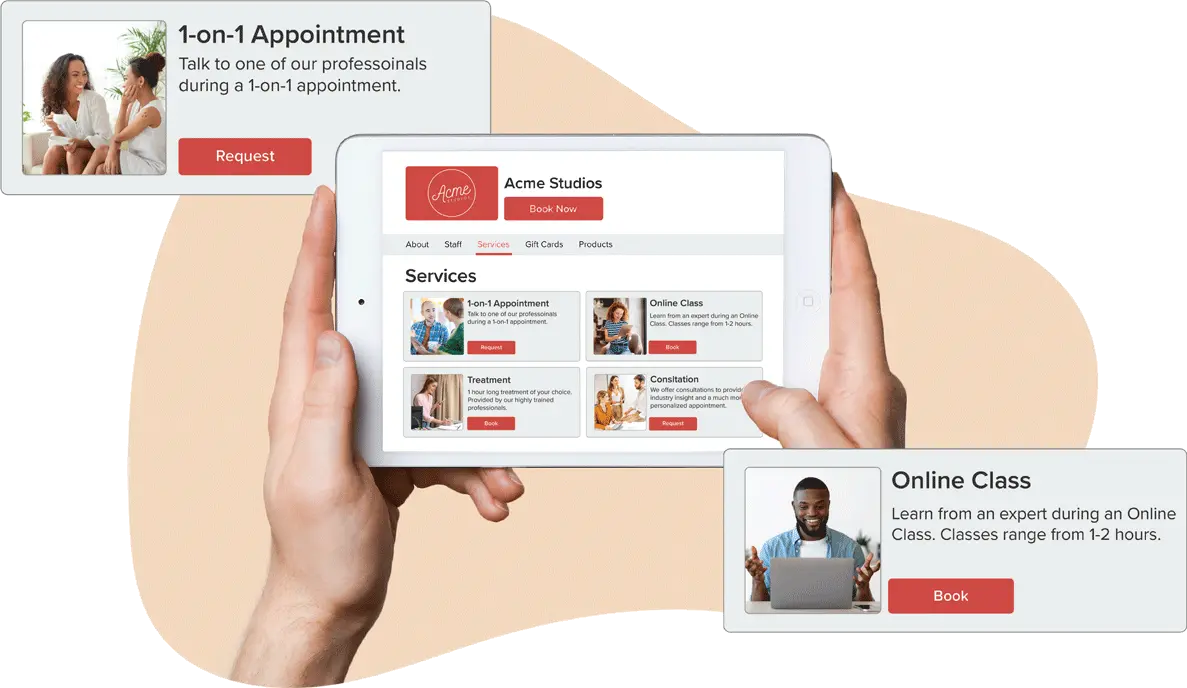 A tablet with customer popups showing options for service & class menus within Vagaros salon, spa and fitness software.