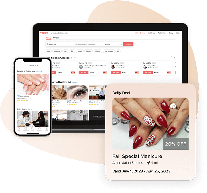 phone and laptop showing Vagaro's marketplace within the nail salon software 
